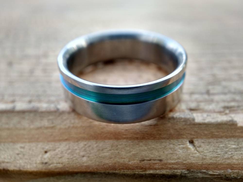 Minimalist titanium ring, Wedding Band, anodized finish, Green Groove, anniversary gift, Width 6 mm, Promise, Friendship Ring